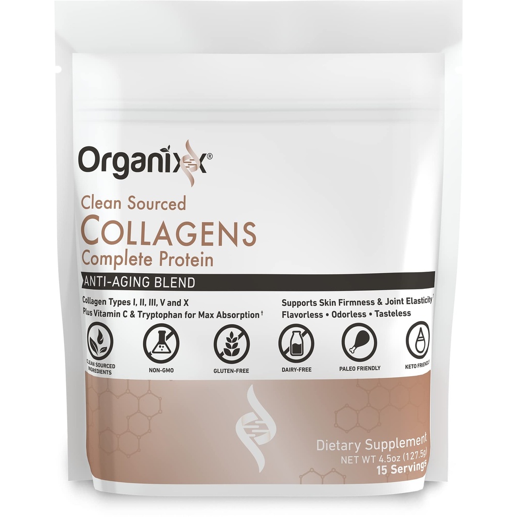 Organixx Colagen Peptides Pulbere cu vitamina C, Tipurile I, II, III, V, X Colagen hidrolizat, Păr, unghie, Piele, Oase & Sănătate articulară, Suport pentru îmbătrânire, Curățat Sursa, Gluten gratuit, Nearomat, 15 Serviri