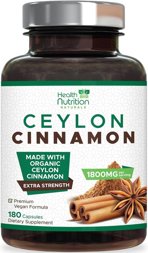Ceylon Scorțișoară capsule 1800mg - Certified Organic Ceylon Scorțișoară pulbere Supliment, îmbuteliat în Statele Unite ale Americii, Extra Putere Energie & pastile de suport cardiac, non-GMO & Gluten gratuit, Zahăr fără - 180 capsule