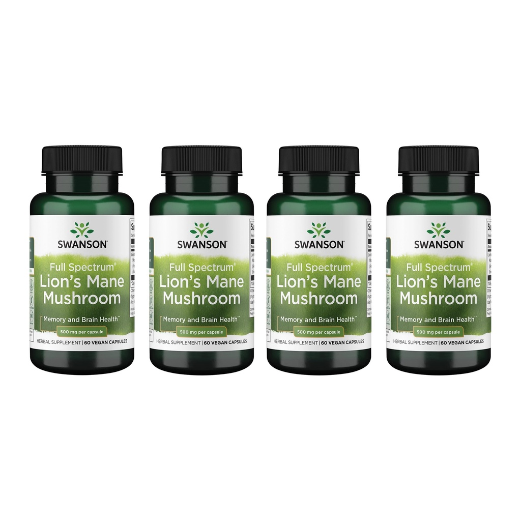 Swanson Full Spectrum Lion's Mane Mushroom - Brain Health Supplement to Support Memory, Focus & Clarity* - May Also Help Immune, Heart & Digestive Health - Gluten-Free & Non-GMO - 60 capsule (4 Pack)