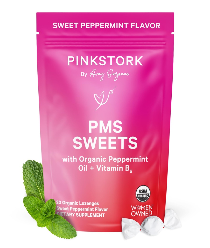 Pink Stork PMS Organic Support Dulciuri pentru adolescenți și femei - Ingrediente simple și naturale Vitamina B6 și mentă - Perioada, Digestie, Bloating, Swings Mood - 30 picături