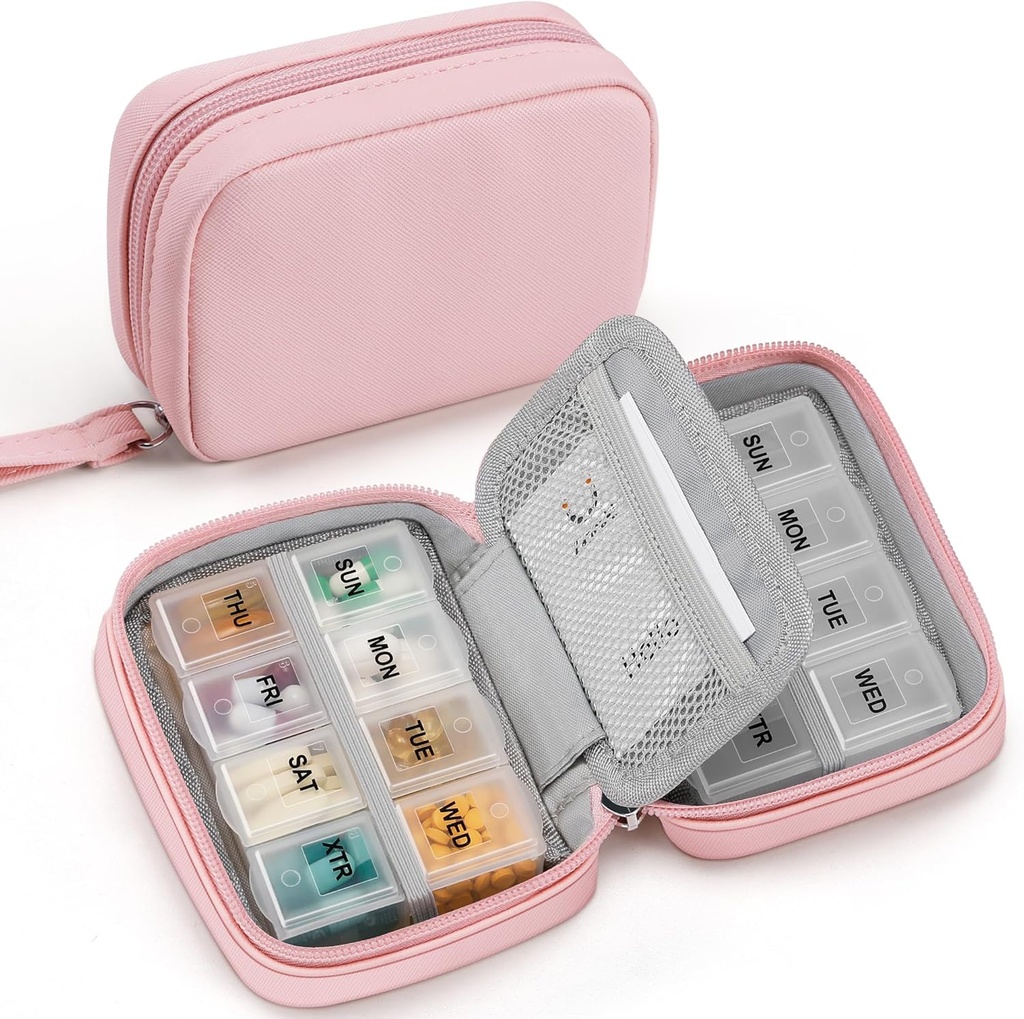 Zannaki Cute Pill Organizator pentru Purse cu două Removable 7-Day Pilula Box, Travel PU Pull Case, Portabil săptămânal Pilula container cu sac de depozitare pentru a ține vitamine, uleiuri de pește, Suplimente (Pink)