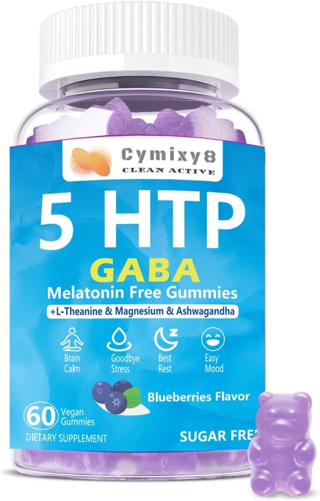 5-HTP GABA Gummies Blend 1700mg, Gume de zahăr-fără calm cu L Theanină, Magneziu, Ashwagandha, Omega-3-6-9, Vitamina D3,B6 pentru Zzzs naturale, Mood, Brain-Calm, Flavor afine 60Count