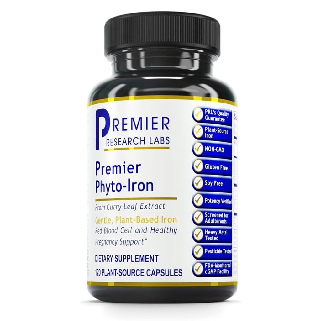 Premier Research Labs Fito-Iron - Iron pe bază de plante pentru bărbați și femei pentru suport sanguin, frunze de curry Supliment, Suplimente de fier, Fier non-Heme de fier, 18mg Fier Per Servire - 120 Capsule vegetariene