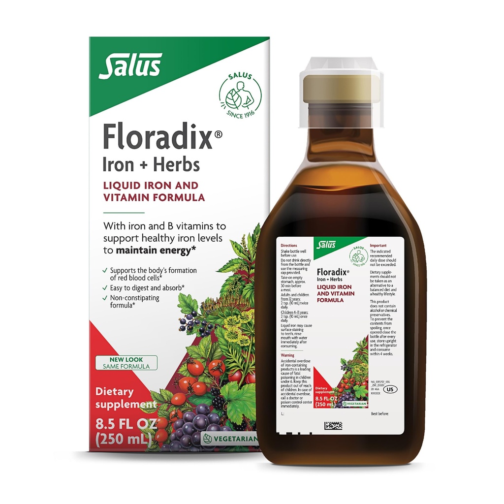 Floradix Iron & Herbs - Supliment vegetal lichid pentru suport energetic - Supliment de fier cu vitamina C & Vitamina B Complex - pentru barbati si femei - 8.5 fl oz