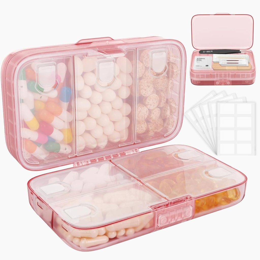 FYY Weekly Pill Organizator cu Labels,8 Compartiments Travel Daily Pilula Case etanșe rezistent la umiditate cutie mari pastile pentru a deține vitamine, ulei de pește, Suplimente, Cotton Swab și Bandaje-Pink