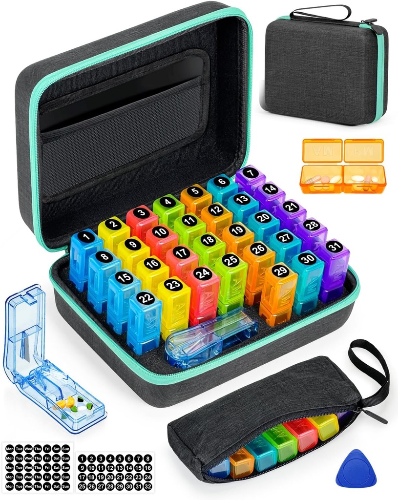 lunar Organizator Pill de 2 ori pe zi, cu săptămânal Pill Bag, Portabil Hard Shell, Pill Cutter, Plastic deschidere Pick, lunar & săptămâni Stickers, Convenabil de gestionare a medicației și urmărire