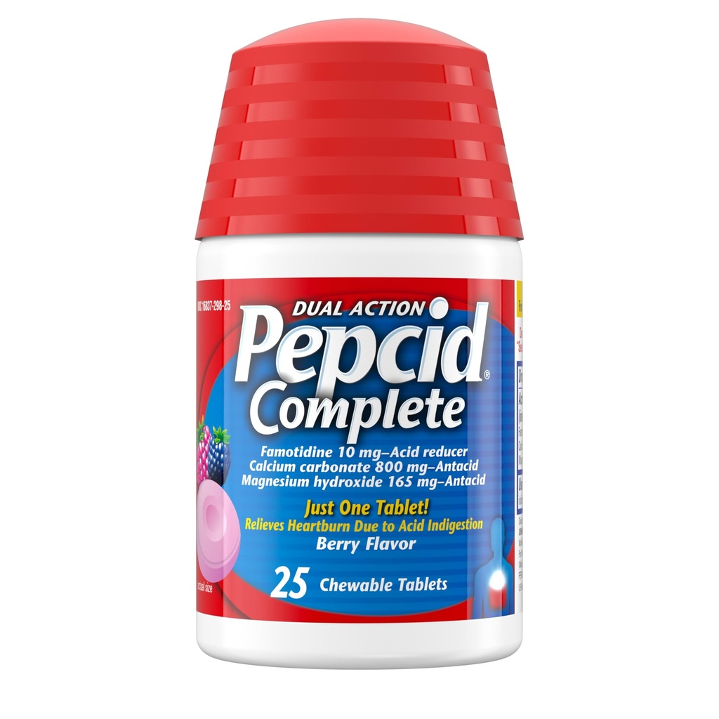 Pepcid Reductor complet de acid + Antiacid pentru Reflux acid, 10 mg Famotidină, 800 mg Carbonat de calciu & 165 mg Hidroxid de magneziu per comprimat de medicament pentru arsuri la stomac, Antiacid Chews, Berry, 25 ct