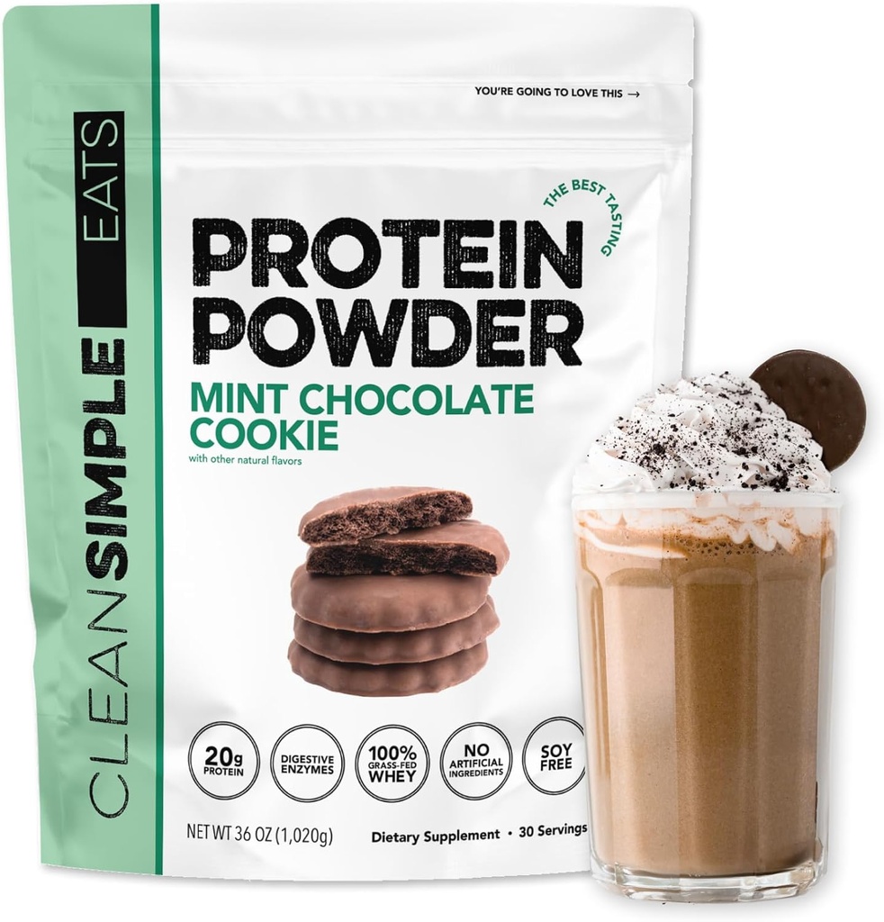 Curate simplu mananca praf de proteine Whey, aroma de ciocolata menta cookie, îndulcit natural, 100% Grass praf de proteine Fed cu enzime digestive, fără ingrediente artificiale, gluten gratuit, 30 Srvgs