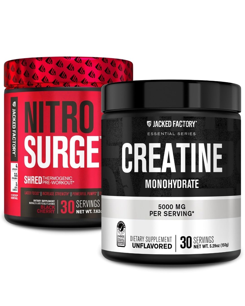 Fabrica Jacked NITROSURGE Shred Pre Workout Supliment (Cireașă Neagră, 30 Serviri) & Creatină Monohidrat pulbere (nearomat, 30 Serviri)