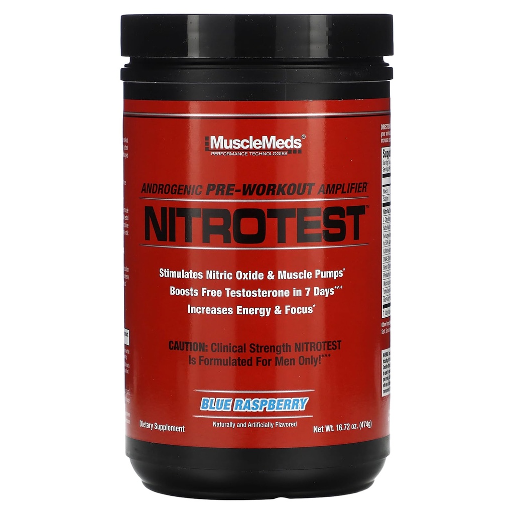MuscleMeds Nitrotest Pre-Working Supplement Drink, Boost Nitric oxid, Testosteron, Blue Raspberry, 30 Serving, 1.04 Pound, 1 Count