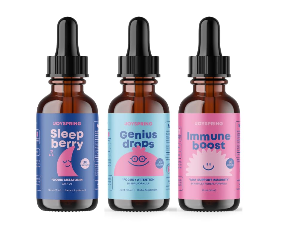JoySpring Immune Booster pentru copii cu Elderberry, Echinacea, Orange Peel & Grape Root, SleepBerry Melatonina pentru copii cu Elderberry Genius picături de creier Supliment pentru copii
