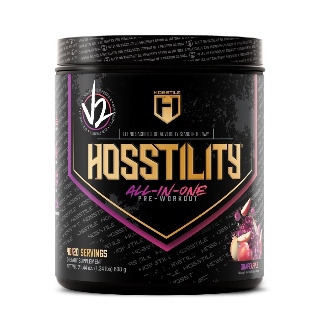 HOSSTILE Hostility V2 Pre Workout, All-in-One Pre Workout pulbere pentru bărbați și femei, Creșterea pompei musculare, Creșterea energiei, Boost Putere, Sharpen Focus, Apple de struguri, 40 Serviri