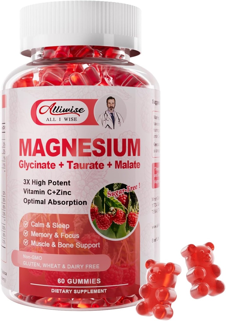 Magneziu Glycinate Gummies,Magnesium Potasiu Supliment cu Taurate, Malate, Vitamine D, C, B6, Calciu,Body Support,Raspberry Magneziu Gummies pentru adulți & Kids