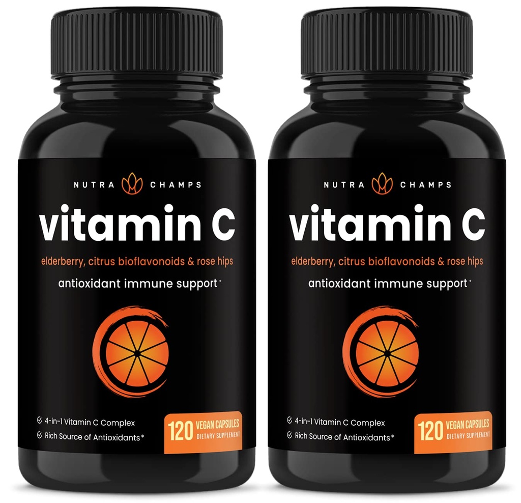 NutraChamps (2 ambalaj) Vitamina C 1000mg cu Elderberry, Citrus Bioflavonoids & Rose HIPS - 120 capsule Vegan, non-GMO Antioxidant Supliment pentru Imun Health & Colagen Productie 500mg Powder Pastile