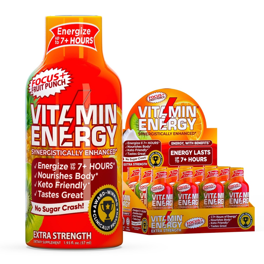 Vitamin Energy Focus+ Extra Power Energy Shot Fruit Punch 12 Pack, 260mg Natural Caffeine, B-Vitamina, CoQ10, Amino Acids, Focus, Productivitate & Clarity, Zero Sugar, Gluten-Free, 1.93 fl oz
