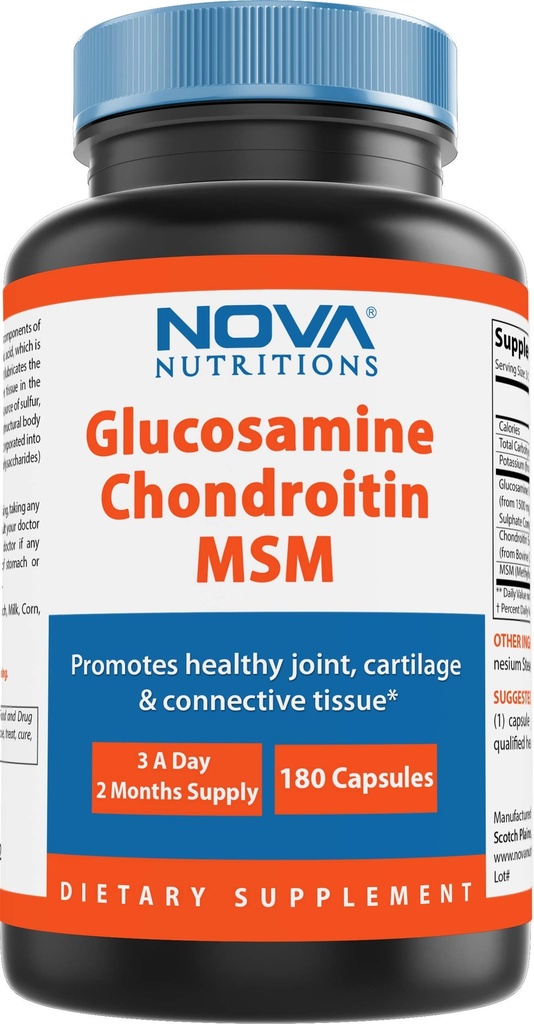 Nova Nutritie Puterea Triplă Glucosamină Chondroitin MSM 2600 mg/Serving Capsule, Sprijină Comune sănătoase, Cartilage și tesut Connectiv - Promovează Confort comun & Flexibilitate 180 Conte