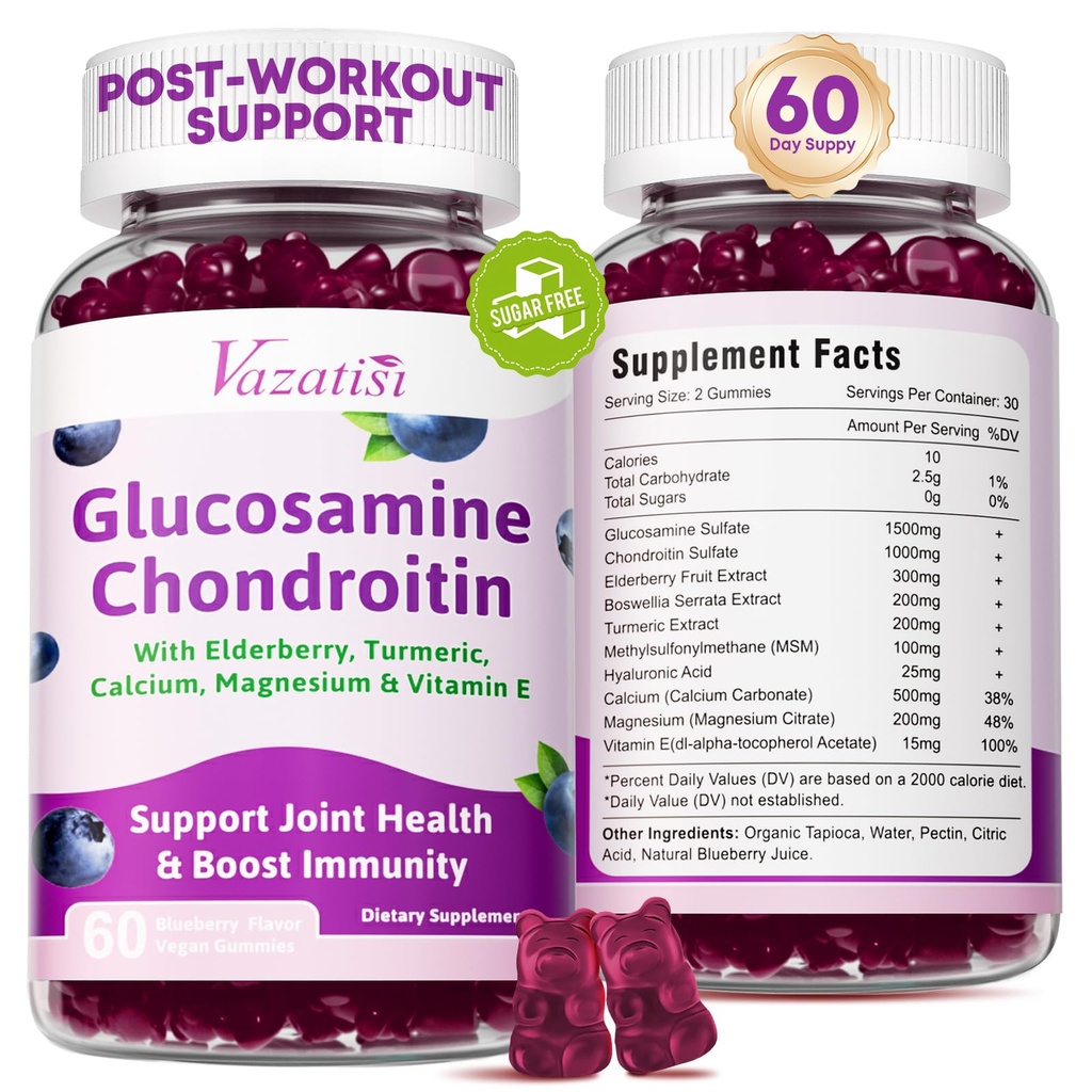 2 Pack Glucosamină Chondroitin Gummies - Glucosamină Chondroitin cu MSM, Elderberry, Turmeric, Supliment de sprijin comun pentru adulți, Bărbați și femei - Aroma de afine, 120 Cts