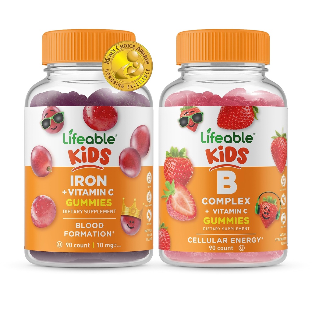 Iron & Vitamina C Lifeable Copii + B Complex Copii, Gume Bundle - mare Tasting, Supliment de vitamine, Gluten gratuit, OMG gratuit, Guma de mestecat