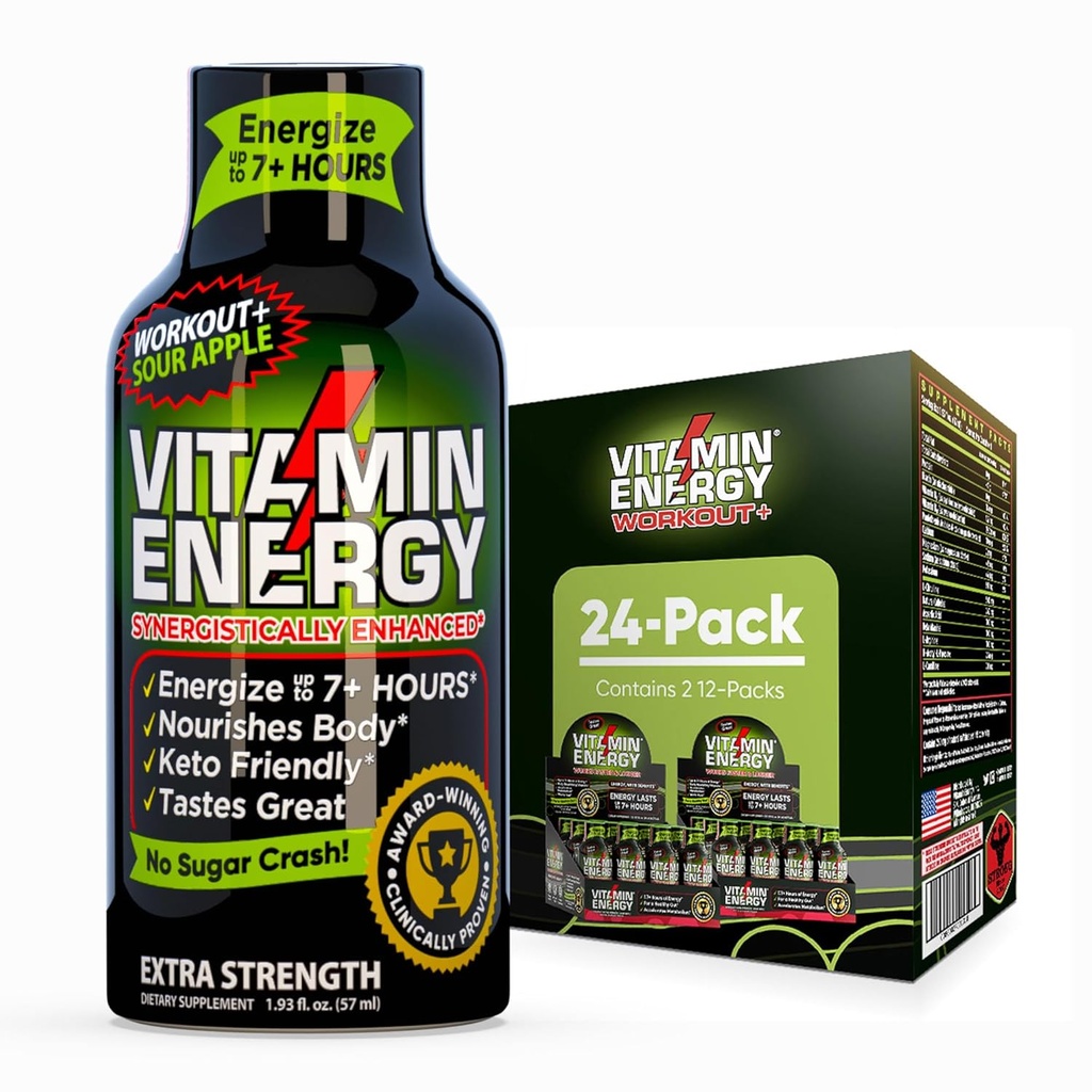 Vitamina energie Workout+ Extra Putere Energie Shot Sour Apple 24 Pack, 260 mg Natural Cafeina, Pre-Workout, B-Vitamins, Minerale, Endurance & Performance, Zero Sugar, Gluten-Free, Vegan, 1.93 fl oz