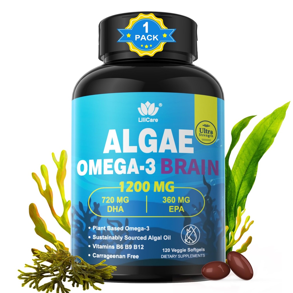 Omega 3 ulei de pește Softgels cu DHA 720mg EPA 360mg, Vegan Algae Știință 2:1 Raportul pentru ochi creier, plante bazate pe surse durabile Omega 3 Supliment, ulei de pește Alternativ 1200mg, fără gust de pește, 120Cts