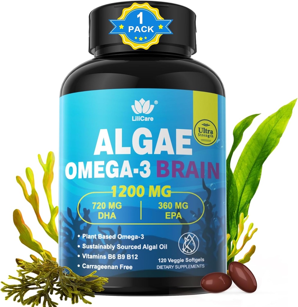 Omega 3 ulei de pește Softgels cu DHA 720mg EPA 360mg, Vegan Algae Știință 2:1 Raportul pentru ochi creier, plante bazate pe surse durabile Omega 3 Supliment, ulei de pește Alternativ 1200mg, fără gust de pește, 120Cts