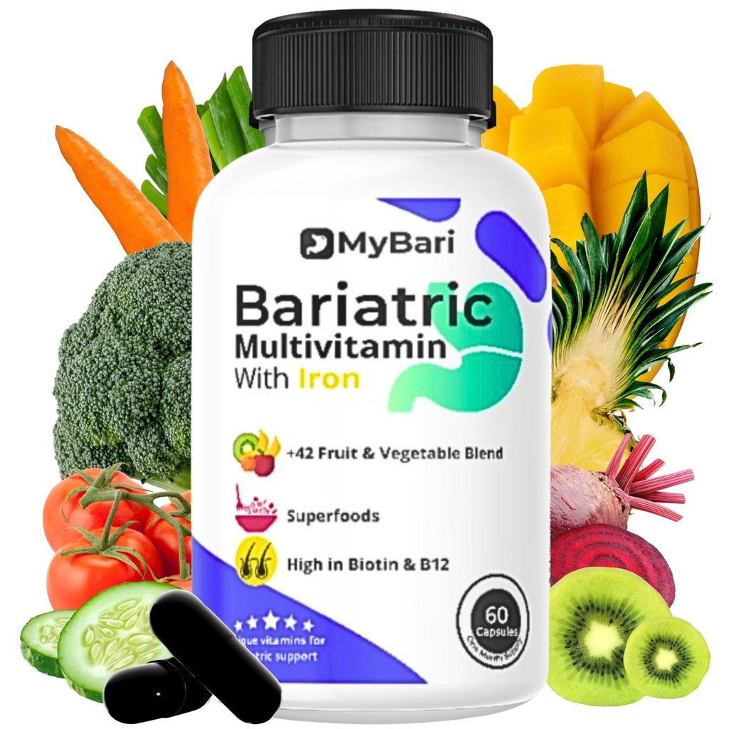 All-in-One Bariatric Multivitamine cu fier - Made in USA - pentru barbati si femei - Suporta Maneca Gastrica & Bypass cu 42+ Fruit & Veggie Blend - 60 capsule lichide