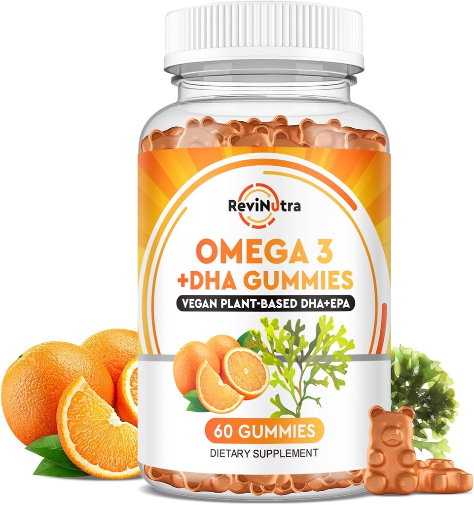 Omega 3 Gume, Omega 3 Suplimente de ulei de pește Alternative cu EPA & DHA, CoQ10, Folate, Vitamina A, D3, E, Sprijină Creier, Joint, Inima, Ochi, și sistemul imunitar Function-Orange Aroma, 60 Gumies