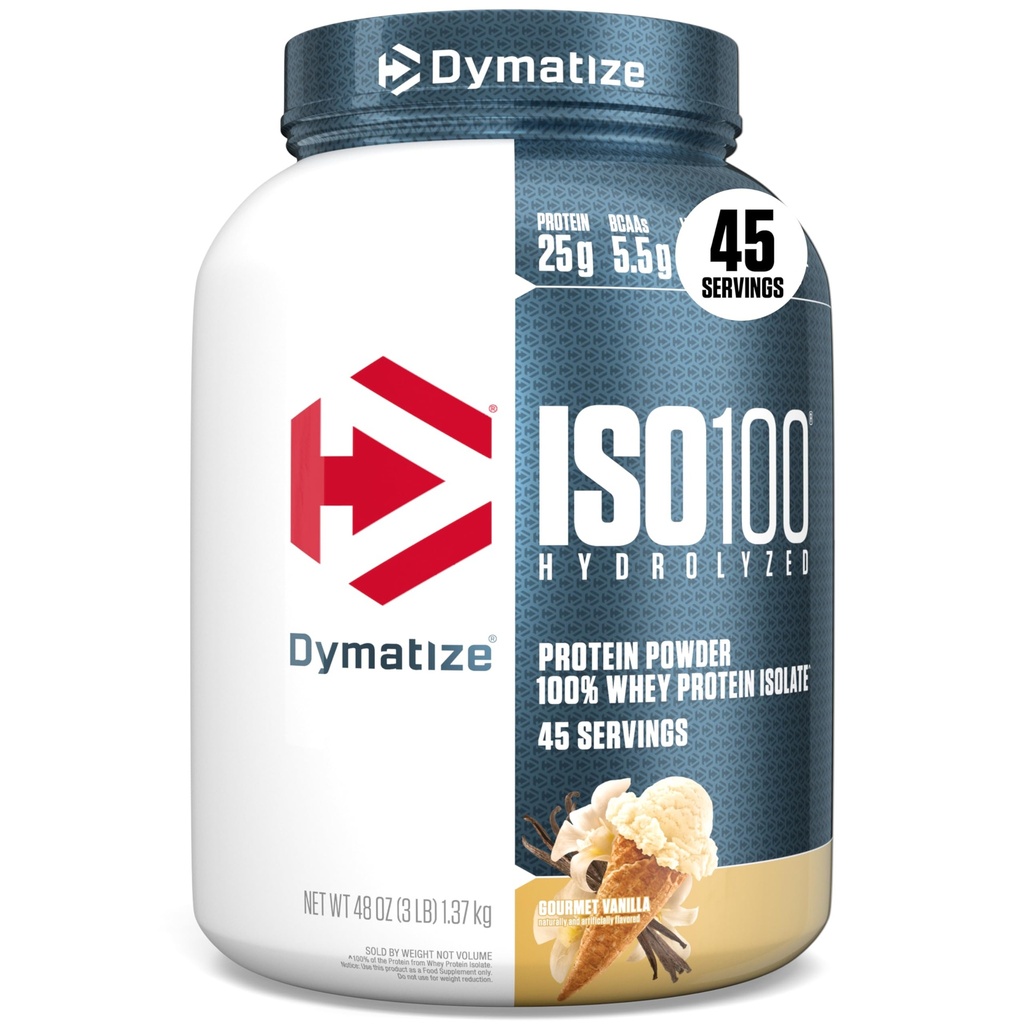 Dymatize ISO100 Whey Pulbere de proteine Izolat, Vanilie, 25g de proteine, 3 Lire, 5,5g BCAAs, mai puțin de 120 Cal., Gluten gratuit, 1g Fat, 1g Zahăr, 2g Carb (45 Servings)