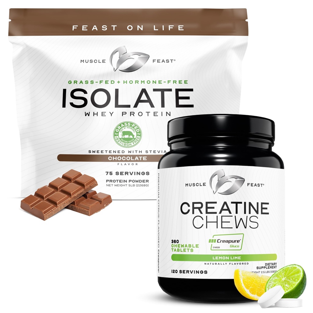 Izolat muschi Feast + Creatine Candy Bundle: 1 Whey Izolat de proteine (Chocolate, 5lb) + 1 Creatine Candy (Lămâie, 360) 