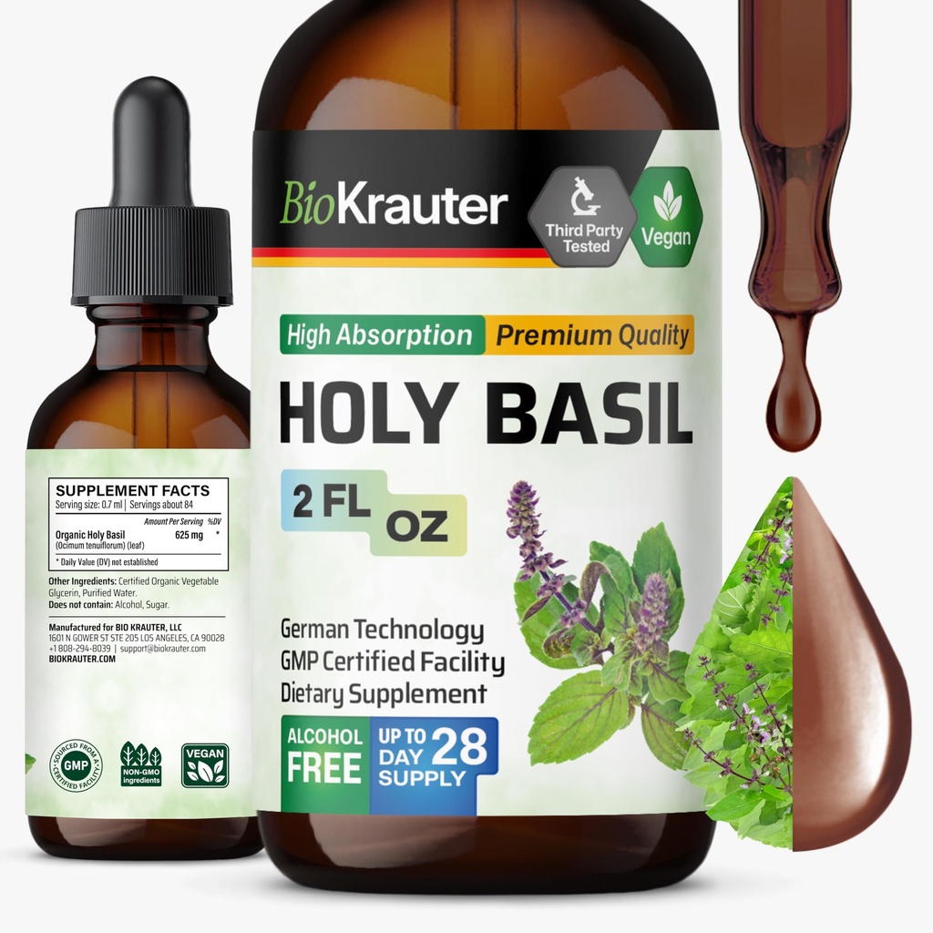 BIO KRAUTER Holy Basil Tincture - Extract lichid Tulsi pulbere - Suportă calm și relaxare - Supliment acid URsolic - Alcool și zahăr liber - Picături Vegan 2 Fl.Oz.