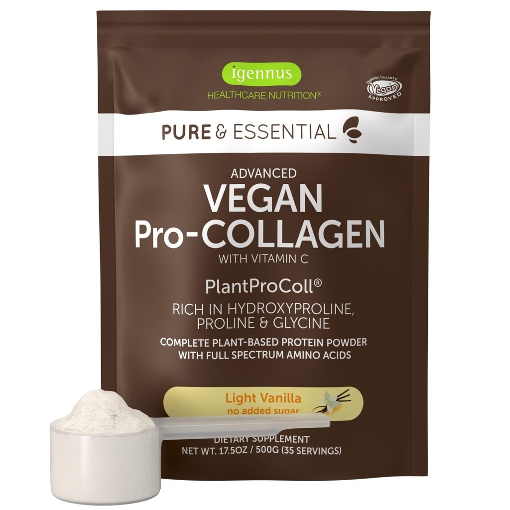 Igennus Advanced Vegan Vanilla Colagen Peptide Powder, Enhanced with Glicină, Proline & Hidroxiprolină & Cofactor Vitamina C, Non OMG, Vegetarian Plant based Colagen Powder Booster, 35 Servings