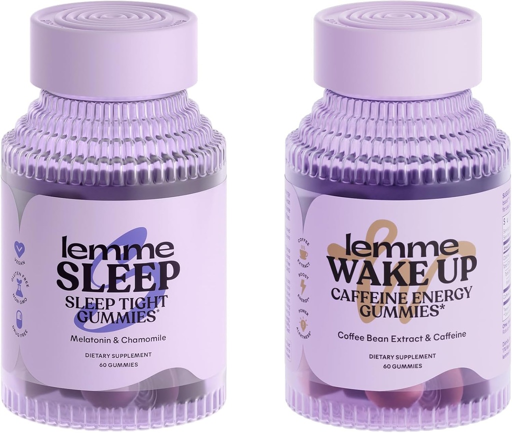 Lemme Sleep and Wake Up Bundle - Sleep Gummies for Better Night's Rest & Wake Up Caffeine Gummies for Energy - Gluten-Free, Non-GMO, 60 Count Fiecare
