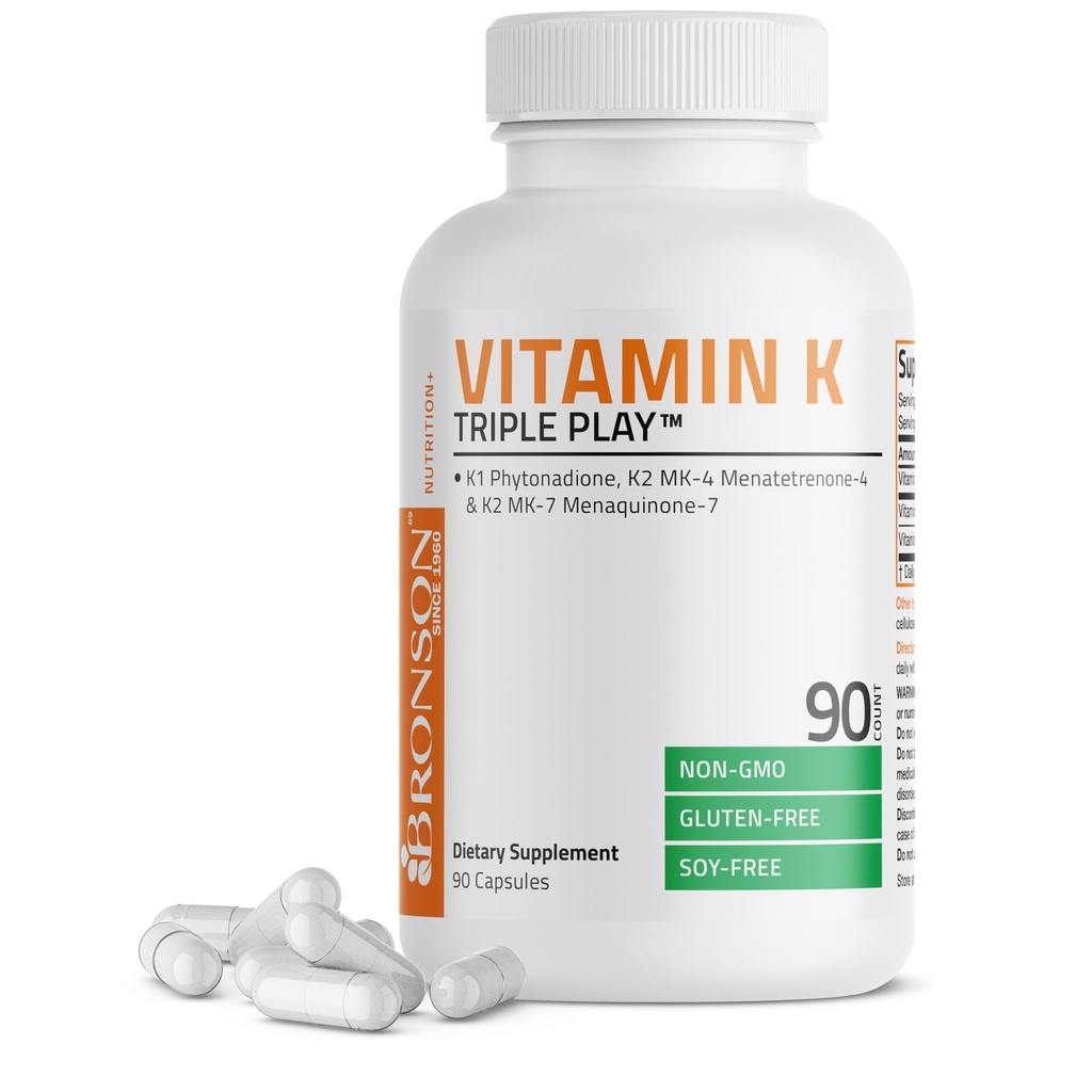 Bronson Vitamina K Triple Play (Vitamina K2 MK7 / Vitamina K2 MK4 / Vitamina K1) Complex complet de spectru Vitamina K Supliment, 90 capsule