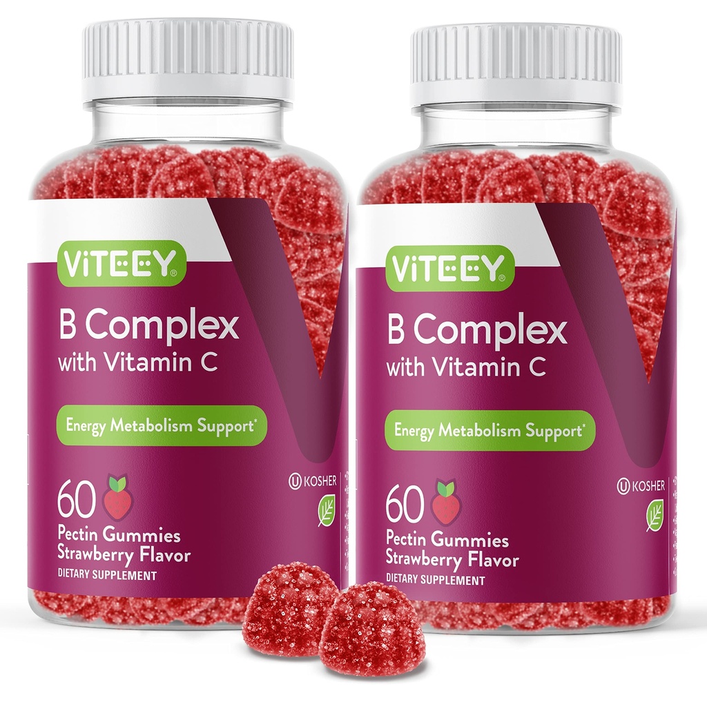 Viteey Vitamina B Complex Gummies cu vitamina C - Energie, Metabolizare și Suport Imun - B6, B12, Niacin, Acid folic, Biotin, Calciu - Vegan, Gluten-Free - 120 Conte