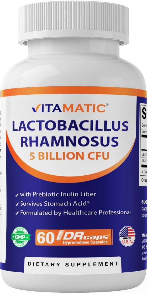 Vitamatic Lactobacillus Rhamnosus 5 miliarde per capsulă DR (10 miliarde per 2 capsule) - 60 Conte - Advanced Digestive & Imunity Support - Made with Prebiotic Inulin Fiber