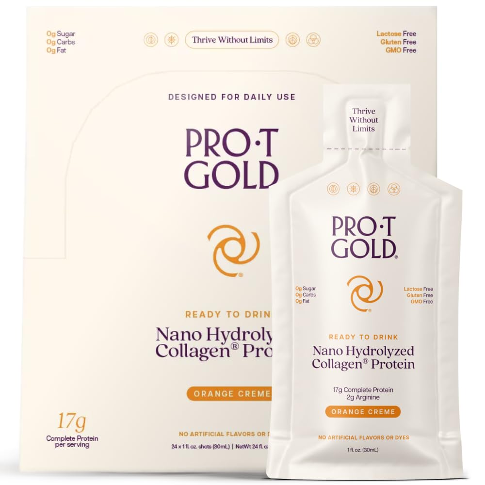 ProT Gold Liquid Colagen Proteine Shot, 17g Proteina clar Nano-Hydrolyzed Iarba Fed Colagen, 2g Arginina pentru Suport Rana, Gluten gratuit, Zahar Gratuit, 0g Carbs, Creme portocaliu, 1 fl oz, 24 Pack