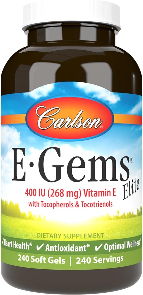 Carlson - E-Gems Elite, 400 UI vitamina E cu tocoferoli & tocotrienoli, vitamine E Capsule, Heart Health & Optimal Wellness, Antioxidant, Vitamina E Supliment, 240 Softgels