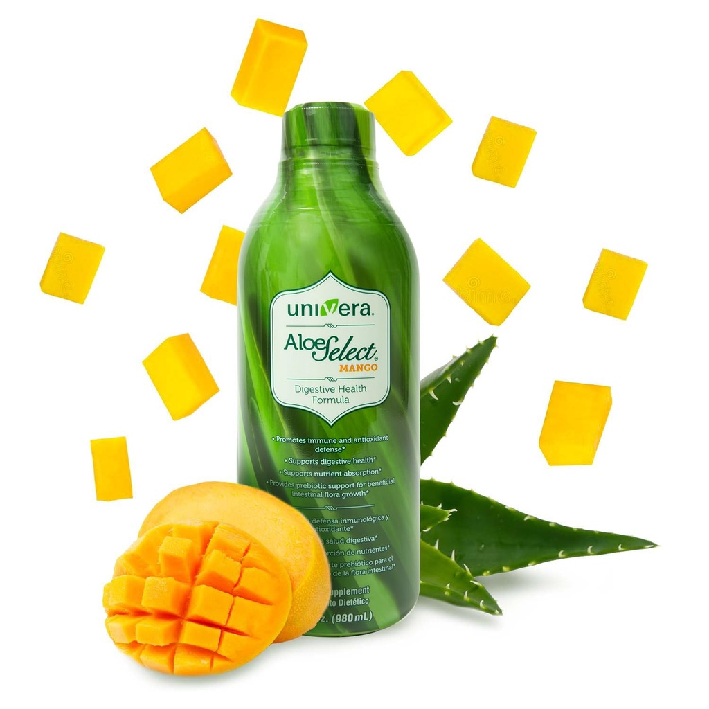 Univera Aloe Vera Juice, Preminum Organic Aloe Vera, Enzime digestive pentru sanatate gutoasa, Suport imun, Supliment prebiotic, Reduce inflamatia, Aroma mango, 30 zile de aprovizionare (33 fl oz)