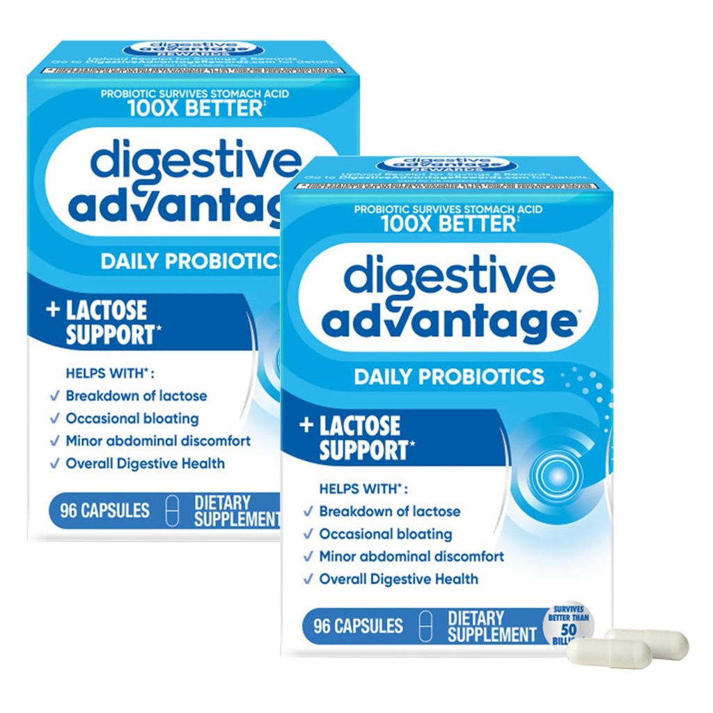 Avantaje digestive Lactoza Defense Enzime + Probiotice pentru femei si barbati Ocazional Blooting, Cadre de Lactoză, Disconfort abdominal minor, Suport Imun, 96 capsule conte (2 ambalaj)