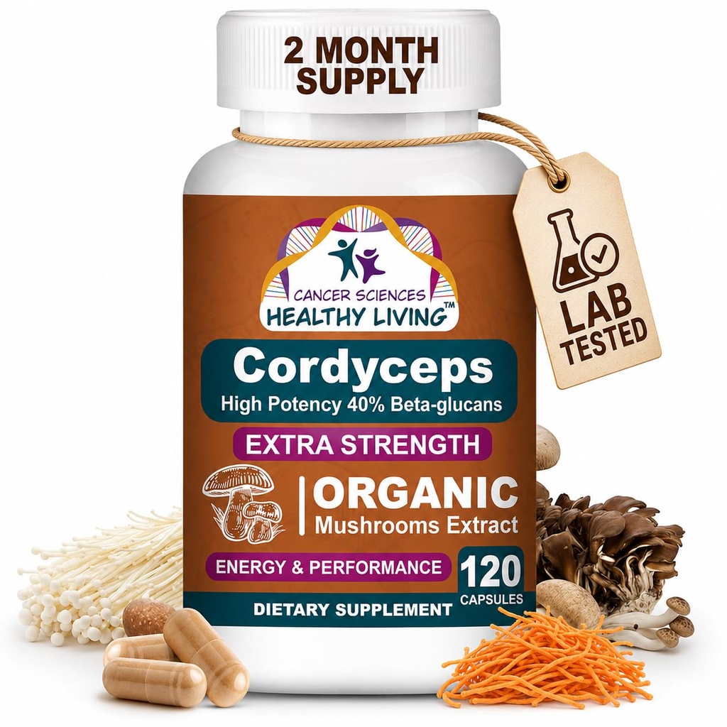Cancer Sciences Cordyceps capsule supliment ciuperci - 1500 mg Organic Mushroom Complex pentru Wellness, Potență ridicată 40% Beta-Glucans, Supplement de sprijin imun pentru energie și rezistență Booster, 120 Conte