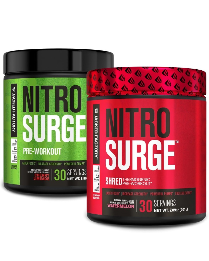 Fabrica Jacked Nitrosurge Pre-workout în limeadă de cireșe și pepene verde Nitrosurge Shred termogenic Pre-workout pentru bărbați și femei