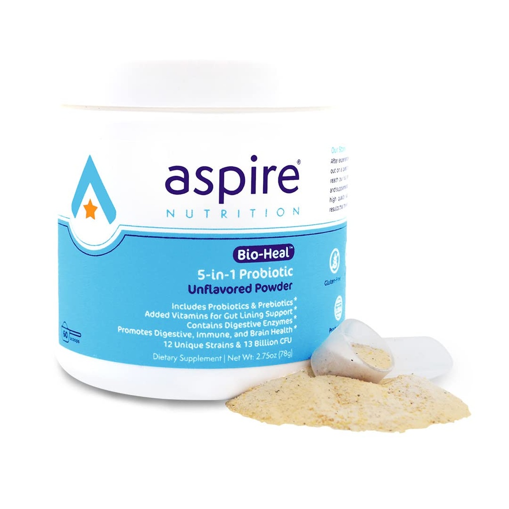 Aspire Nutritie 5-in-1 Bio-Heal® Probiotic pentru copii, barbati si femei - Cel mai bun supliment pentru functia creierului, sanatate si constipatie - Perioada de valabilitate Stabil si fortificat cu vitamina, minerale si prebiotice - Pulbere