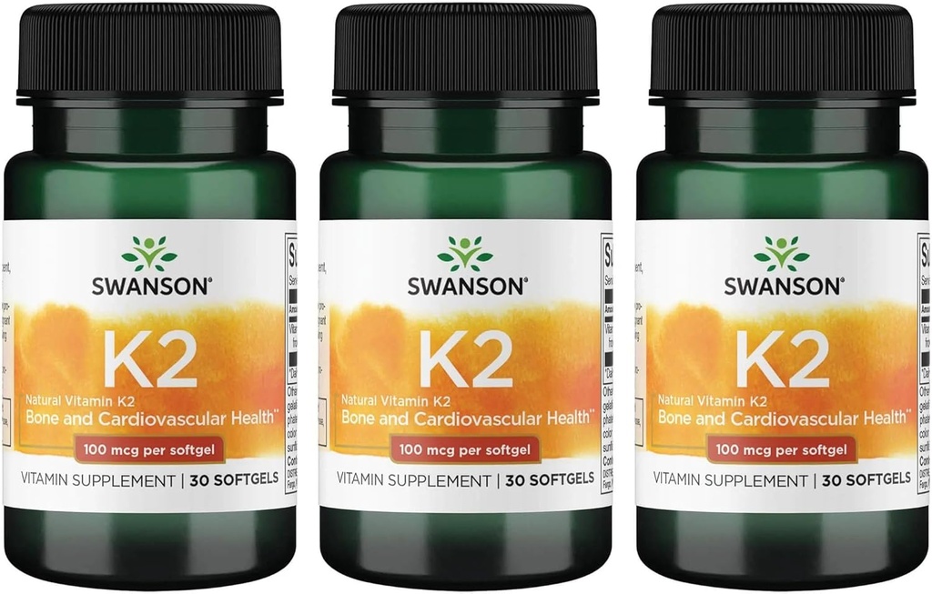 Swanson Vitamina K2 (Menachinonă-7) - Suplimentul de vitamine care sprijină cardio-vascular și sănătatea osoasă - Produs din Natto japonez pentru a ajuta la reglarea calciului - (30 Softgels, 100mcg Fiecare) (3 ambalaj)