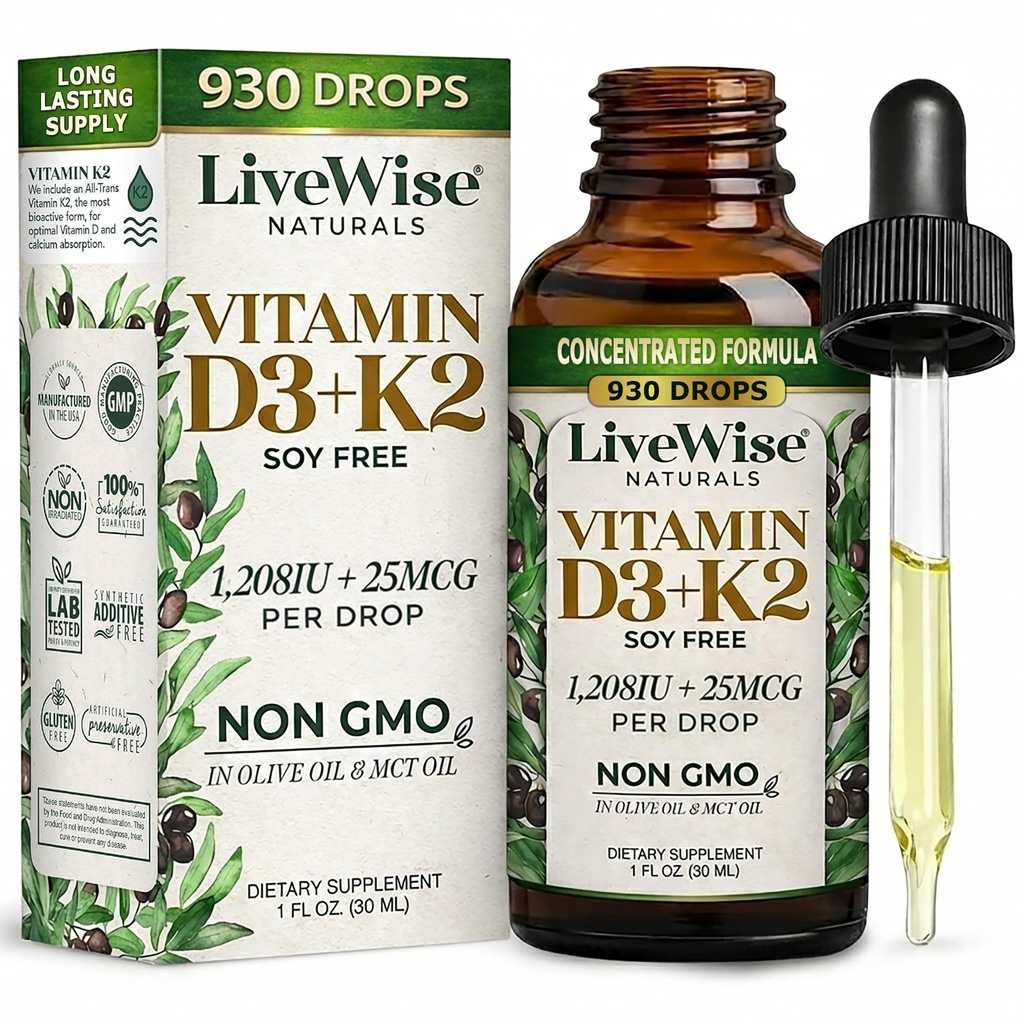 Vitamina D3 cu picături K2 lichid, toate naturale, non-GMO, 1208iu D3 și 25mcg K2 (mk7) per servire, Suport oasele tale, Sistemul imunitar și nivelurile de energie, cu sau fără ulei de mentă