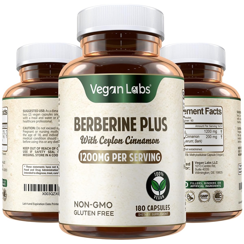 Vegan Labs Berberine HCL 1200MG cu Ceylon Organic Scorțișoară- 180 capsule Vegane- susține sănătatea generală și sistemul imunitar