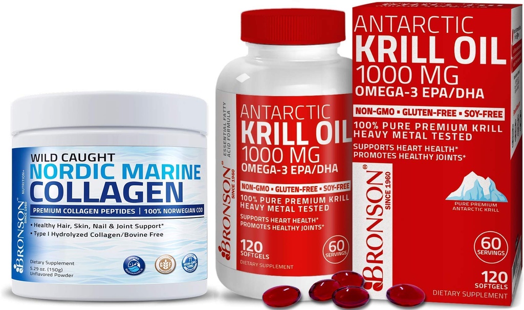 Bronson Marine Colagen Peptides Hidrolyzed Proteine pulbere + Antarctica Krill ulei 1000 mg cu Omega-3s EPA DHA