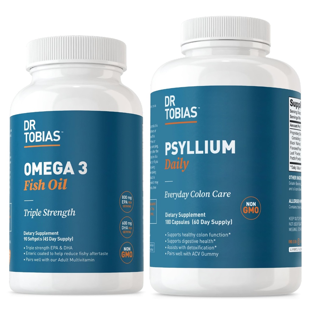 Dr. Tobias Omega 3 ulei de pește și Psyllium Suplimente zilnice pentru inimă, Brain & Suport imunitar, Mișcarea Bowel sănătos susține cu capsule Psyllium Husk