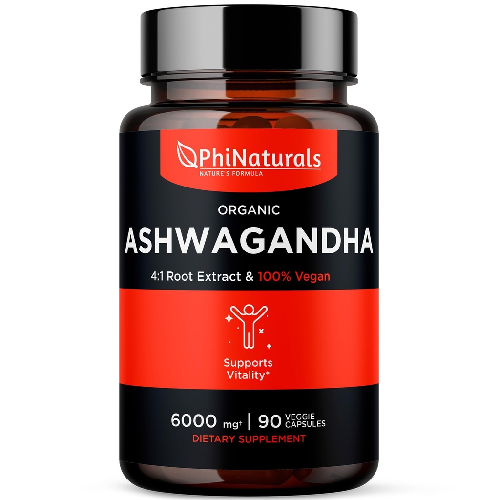 PhiNaturals Organic Ashwagandha Root Extract în capsulele Vegas egal cu 6000 Mg Root - Ashwaganda Supliment pentru bărbați și femei cu 1500 Mg per servire 30 Serviri - 500 mg per capsulă Vegan 90 Conte