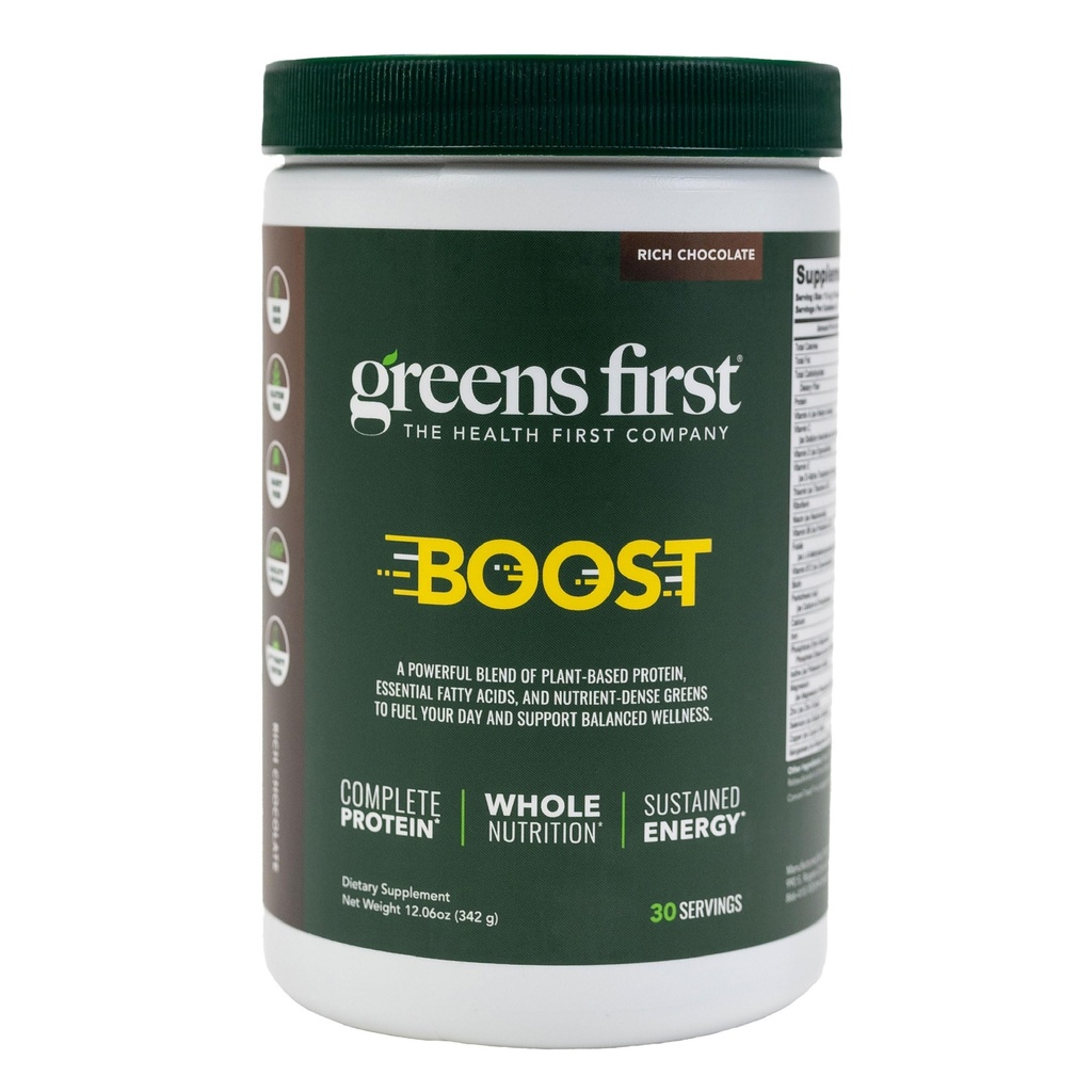Greens First Boost - Plant-Based Proteine & Balanced Nutrition - Superfood Shake Mix - No Wheat or Soy - Dairy-Free - Vegan - Dutch Chocolate, 12.28 oz.
