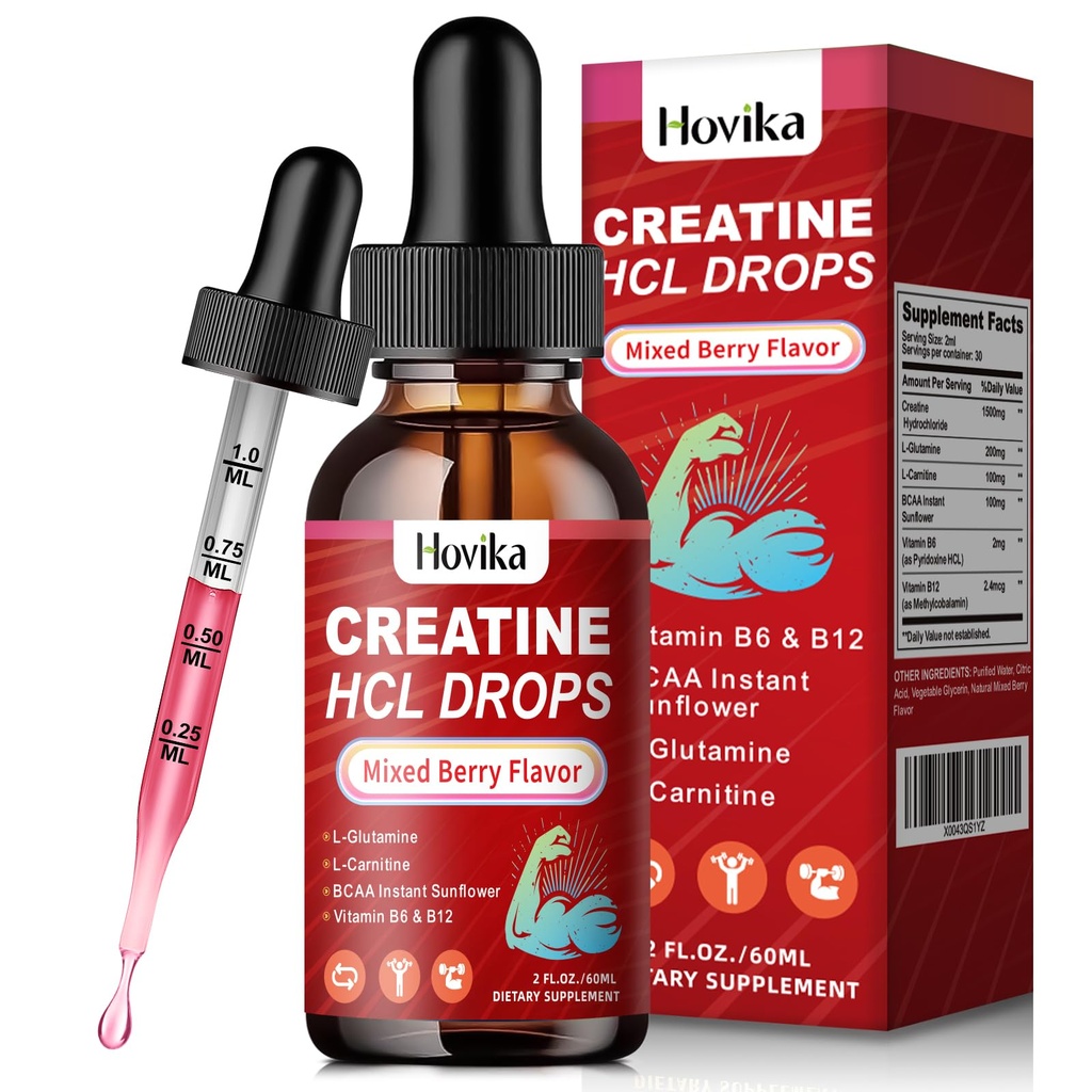 Creatine HCL Picături lichide pentru bărbați și femei, Creatine Hydrochloride cu L-Carnitină, L-Glutamină, BCAA, Vitamina B12 & B6 pentru creștere musculară și recuperare-Vegan, mixt aroma de aromă de Berry, 2 Fl Oz